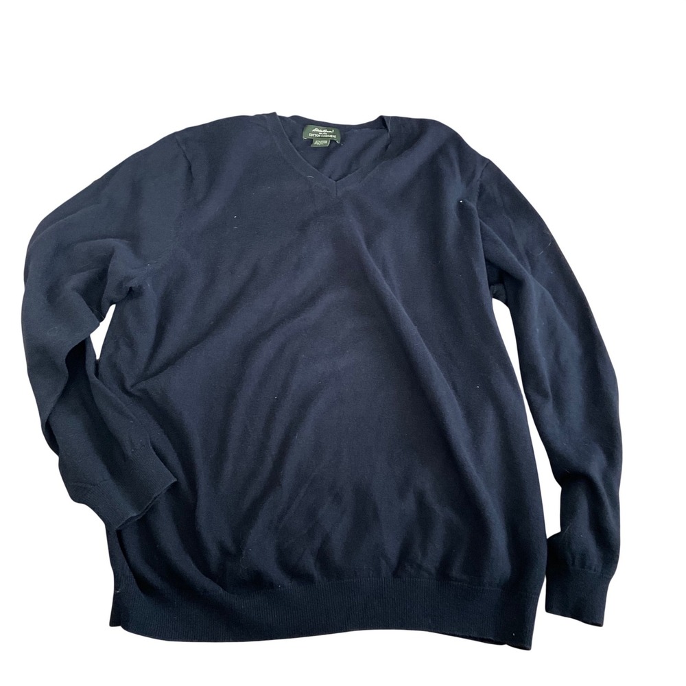 Eddie Bauer Mens Navy Blue Cotton Cashmere V-Neck Sweater Size Large Tall L TALL